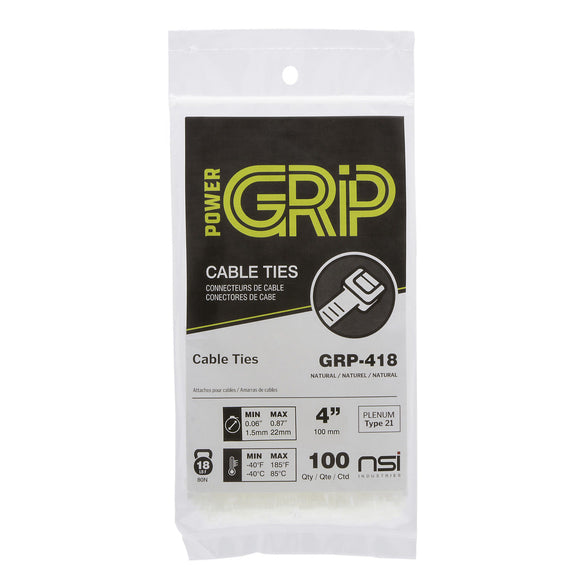 NSI PowerGRP 4”, Natural General Purpose 18lb Cable Ties, 100 Pack