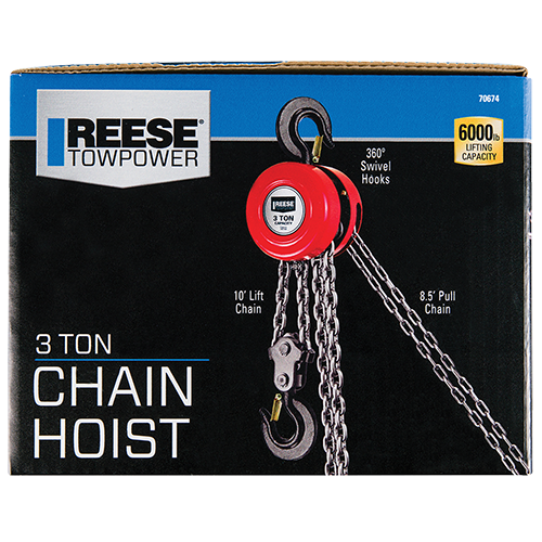 Reese Towpower Chain Hoist, 3 Ton Capacity, 10 Foot Lift Chain, 8.5 Foot Pull Chain